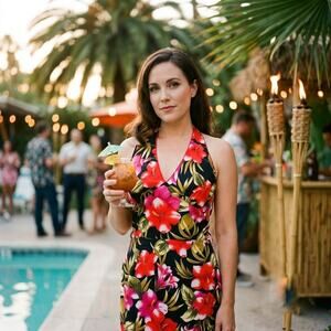 Voodoo Vixen Tiki Halter Dress Hawaiian Floral Retro Bodycon XLG Rockabilly